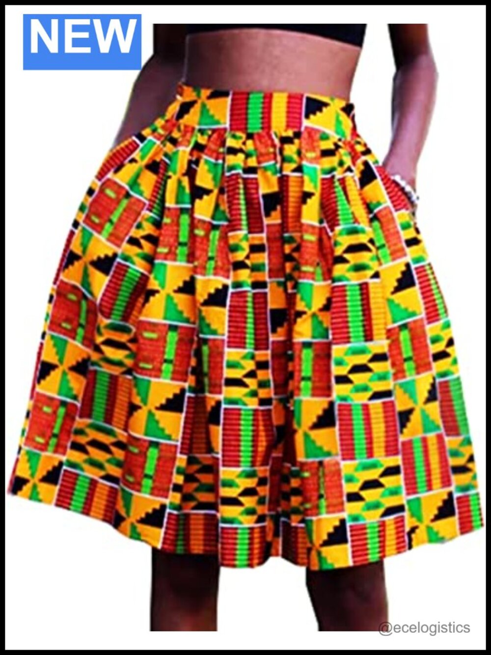 Flared African Print A-Line Skirt with Pockets, 100% Cotton